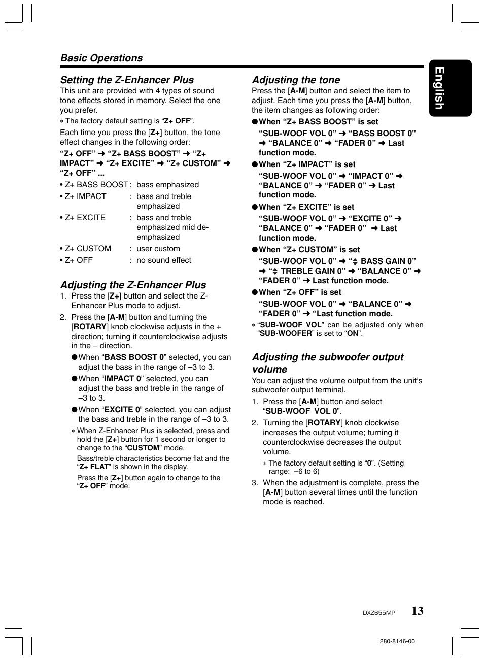 13 english, Setting the z-enhancer plus, Adjusting the z-enhancer plus | Adjusting the tone, Adjusting the subwoofer output volume, Basic operations | Clarion DXZ655MP User Manual | Page 11 / 27