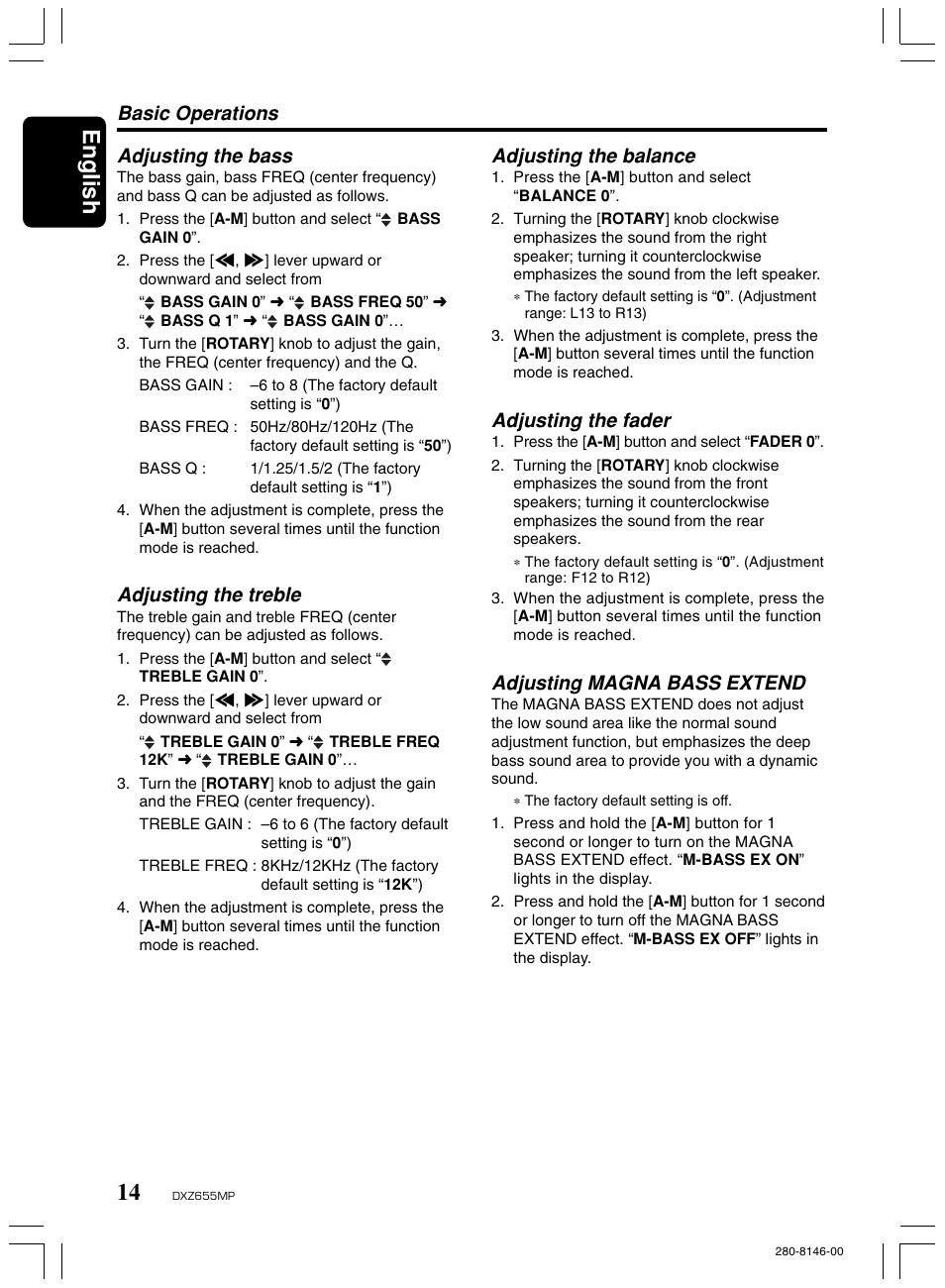 English, Basic operations adjusting the bass, Adjusting the treble | Adjusting the balance, Adjusting the fader, Adjusting magna bass extend | Clarion DXZ655MP User Manual | Page 12 / 27