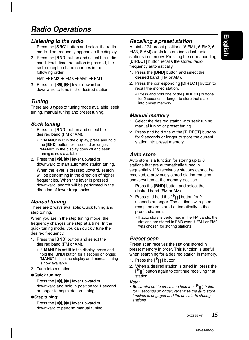 Radio operations, 15 english, Recalling a preset station | Auto store, Preset scan, Listening to the radio, Tuning, Seek tuning, Manual tuning | Clarion DXZ655MP User Manual | Page 13 / 27