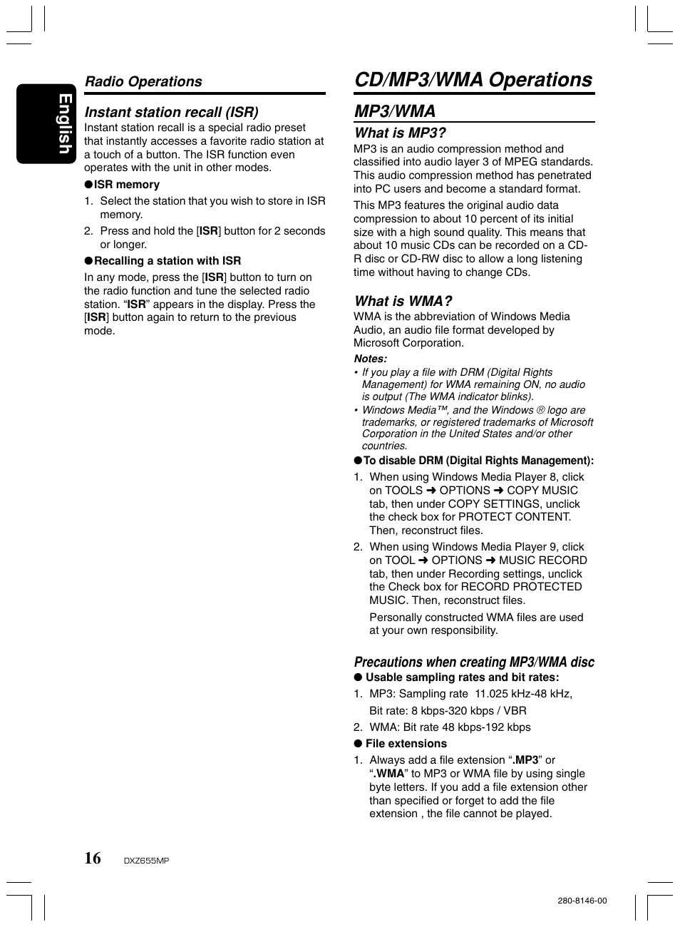 Cd/mp3/wma operations, Mp3/wma, English | Instant station recall (isr), Radio operations, What is mp3, What is wma, Precautions when creating mp3/wma disc | Clarion DXZ655MP User Manual | Page 14 / 27