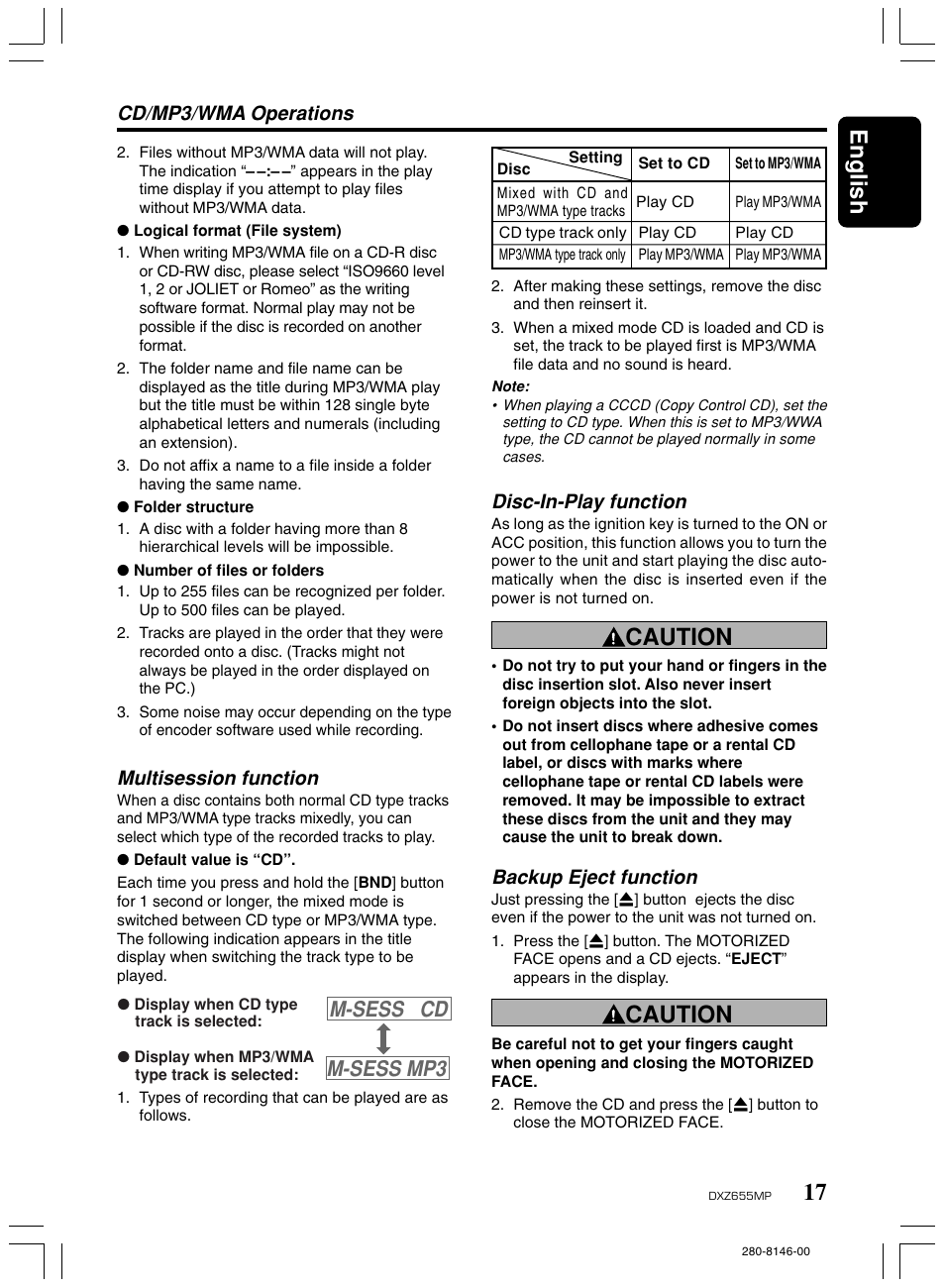 17 english, Caution, M-sess cd m-sess mp3 | Disc-in-play function, Cd/mp3/wma operations, Backup eject function, Multisession function | Clarion DXZ655MP User Manual | Page 15 / 27