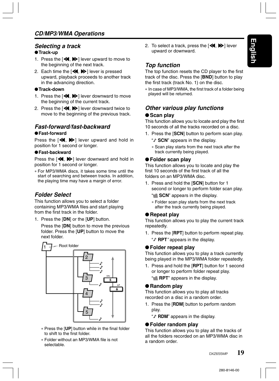 19 english, Selecting a track, Fast-forward/fast-backward | Folder select, Cd/mp3/wma operations, Top function, Other various play functions | Clarion DXZ655MP User Manual | Page 17 / 27