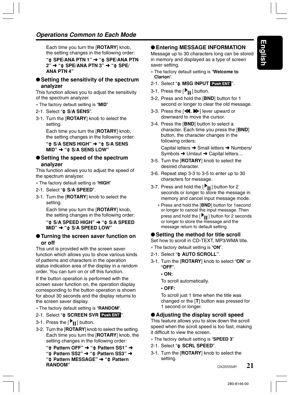 21 english, Operations common to each mode | Clarion DXZ655MP User Manual | Page 19 / 27