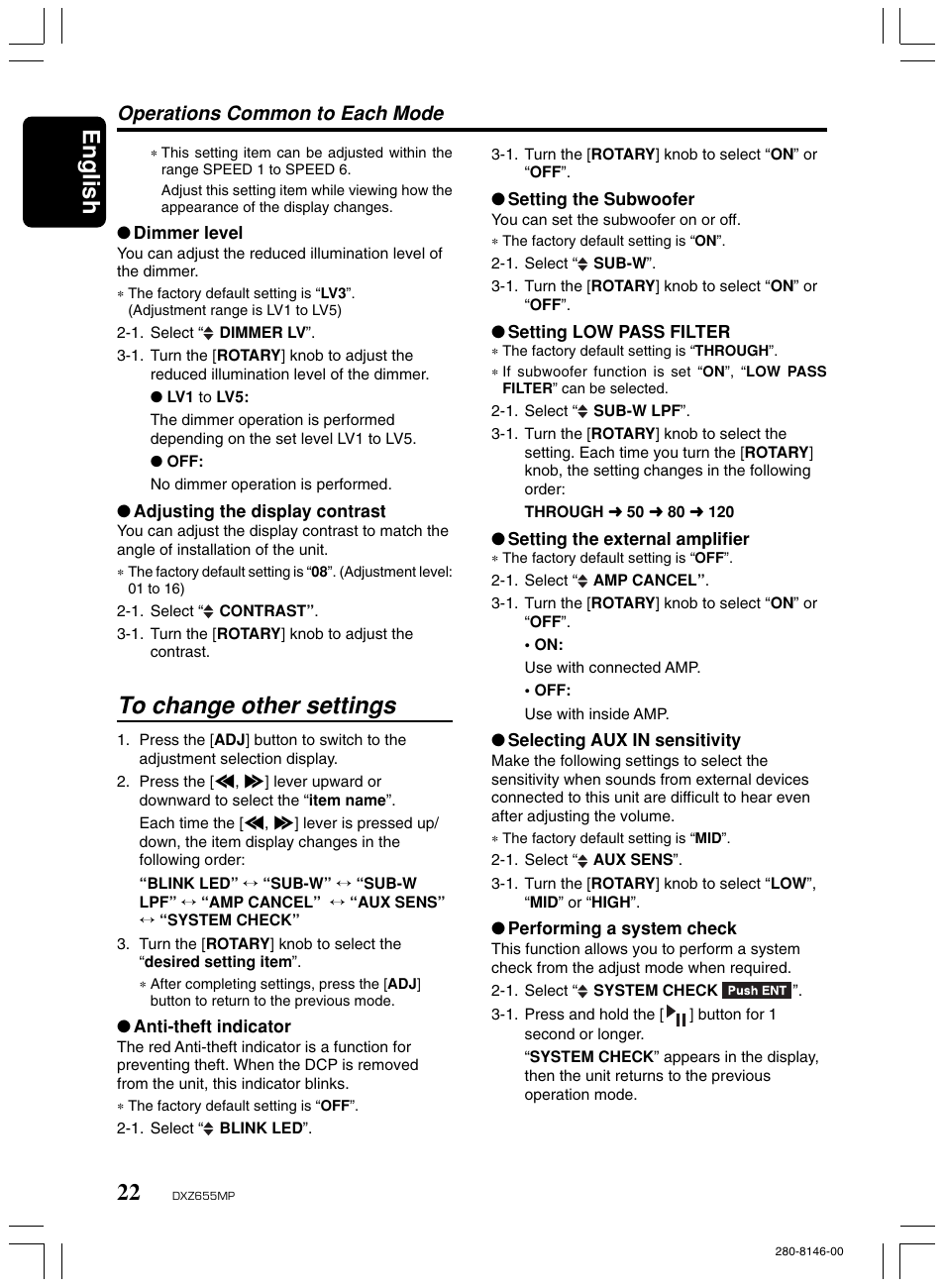 To change other settings, English, Operations common to each mode | Clarion DXZ655MP User Manual | Page 20 / 27
