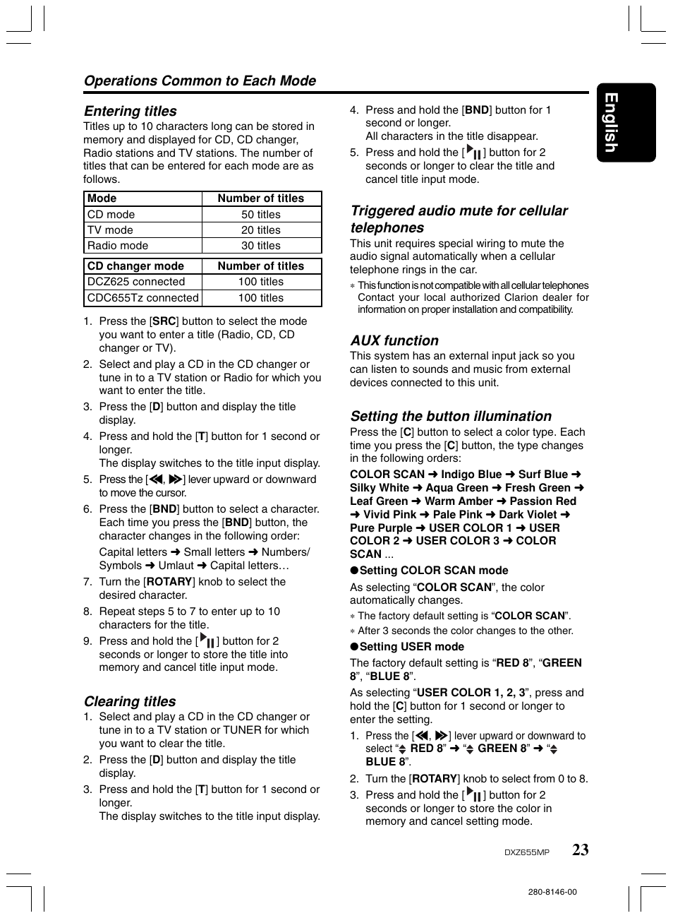 23 english, Operations common to each mode entering titles, Triggered audio mute for cellular telephones | Aux function, Setting the button illumination, Clearing titles | Clarion DXZ655MP User Manual | Page 21 / 27
