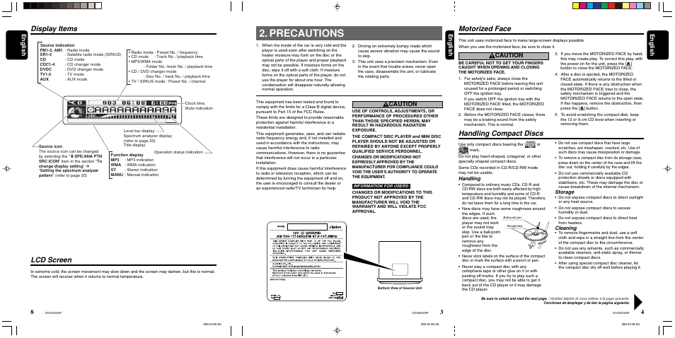Precautions, Motorized face, Handling compact discs | Lcd screen, Display items motorized face, 4english english english, Caution, Handling, Storage, Cleaning | Clarion DXZ655MP User Manual | Page 3 / 27