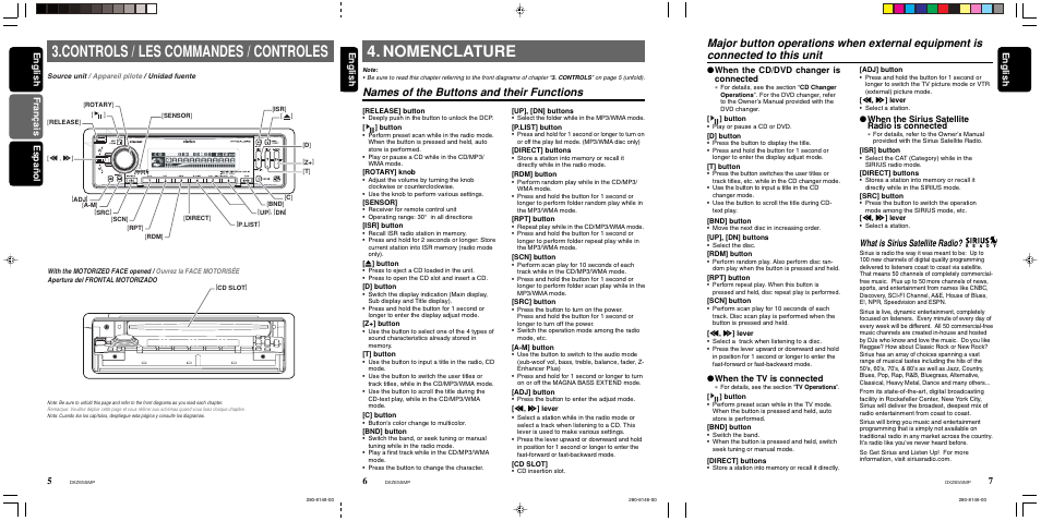 Nomenclature, Controls / les commandes / controles, Names of the buttons and their functions | What is sirius satellite radio, English, English français español english, When the sirius satellite radio is connected, When the cd/dvd changer is connected, When the tv is connected | Clarion DXZ655MP User Manual | Page 5 / 27