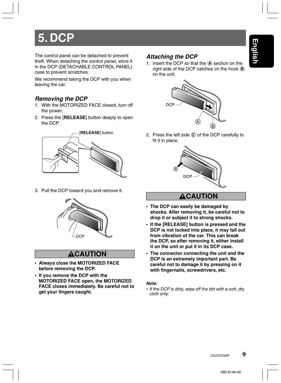 9english, Caution, Removing the dcp | Attaching the dcp | Clarion DXZ655MP User Manual | Page 7 / 27