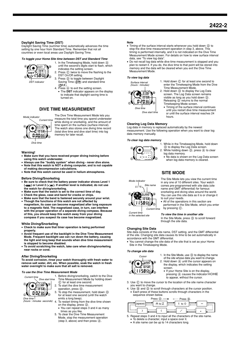 Dive time measurement, Site mode | G-Shock GW-225E-7 User Manual | Page 2 / 6