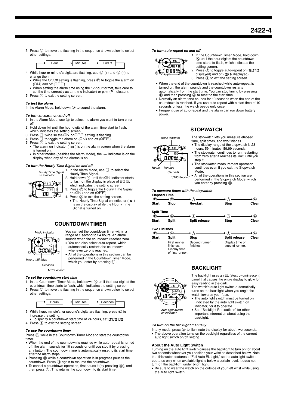 Countdown timer, Stopwatch, Backlight | G-Shock GW-225E-7 User Manual | Page 4 / 6