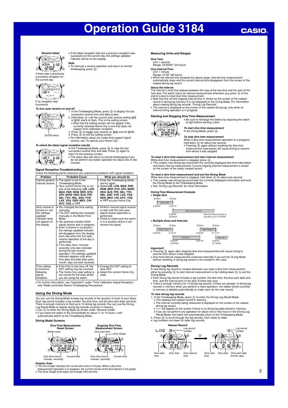 Using the diving mode, Operation guide 3184 | G-Shock GWF-T1030E-9JR User Manual | Page 3 / 8