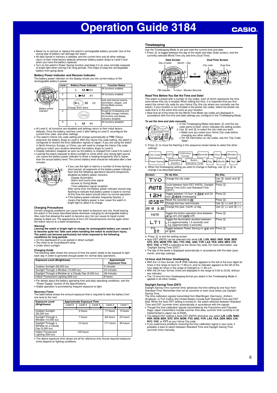 Timekeeping, Operation guide 3184 | G-Shock GWF-T1030E-9JR User Manual | Page 6 / 8