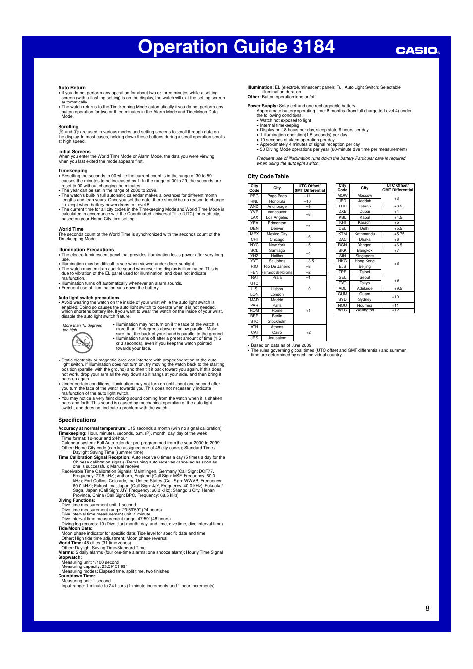 Specifications, City code table, Operation guide 3184 | G-Shock GWF-T1030E-9JR User Manual | Page 8 / 8