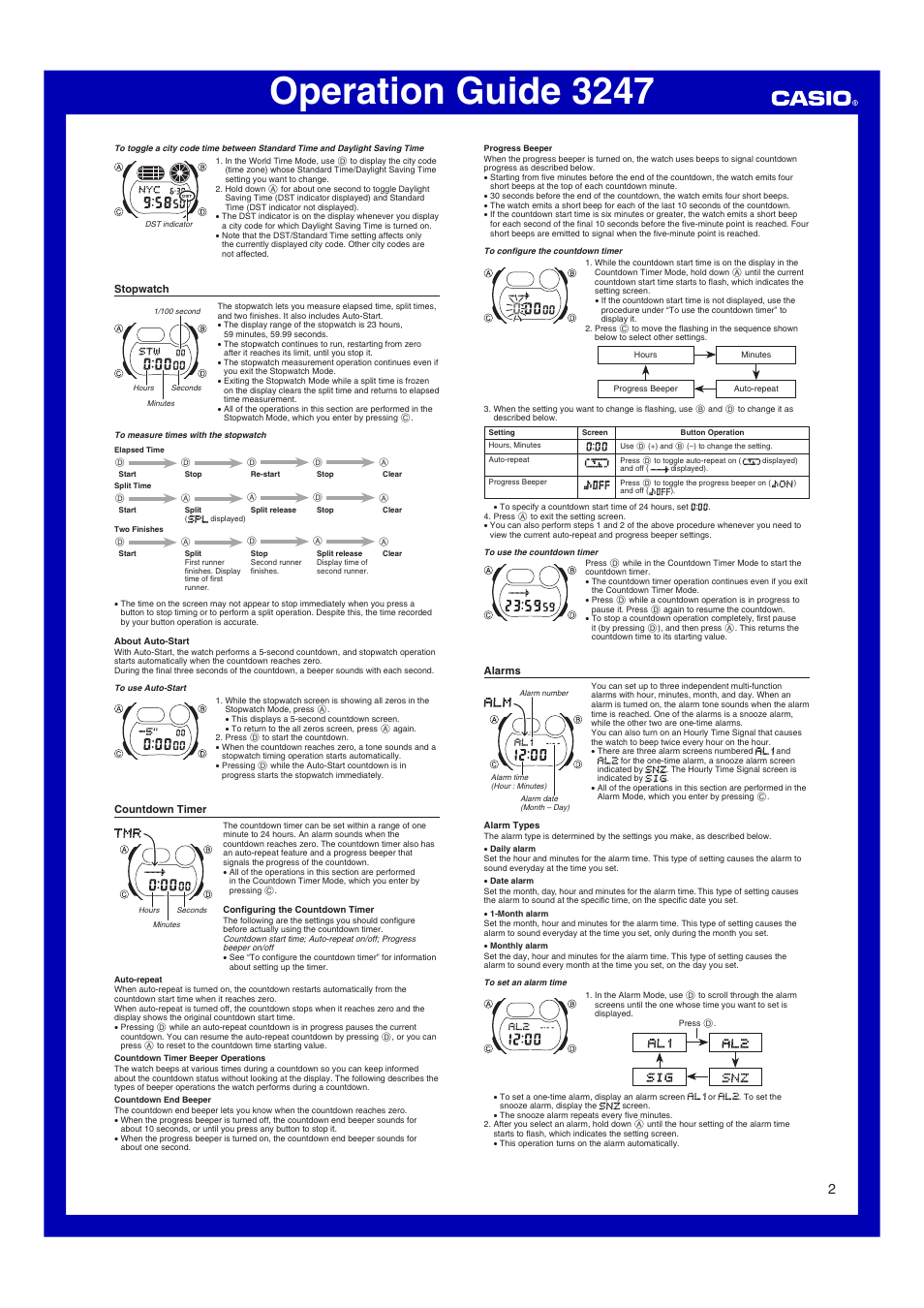 Stopwatch, Countdown timer, Alarms | Operation guide 3247 | G-Shock G-001HC-3 User Manual | Page 2 / 4