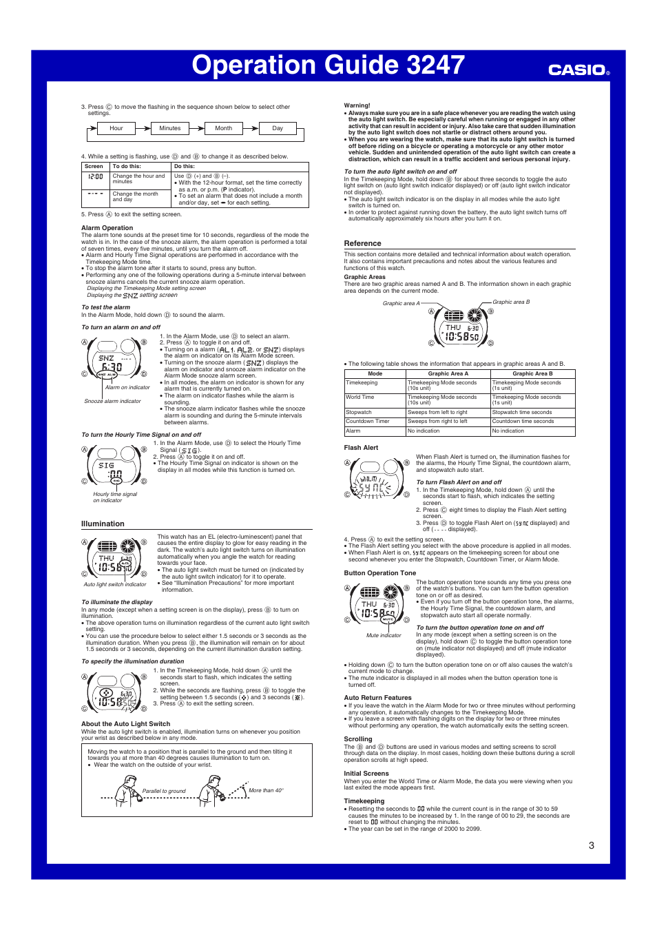 Illumination, Reference, Operation guide 3247 | G-Shock G-001HC-3 User Manual | Page 3 / 4