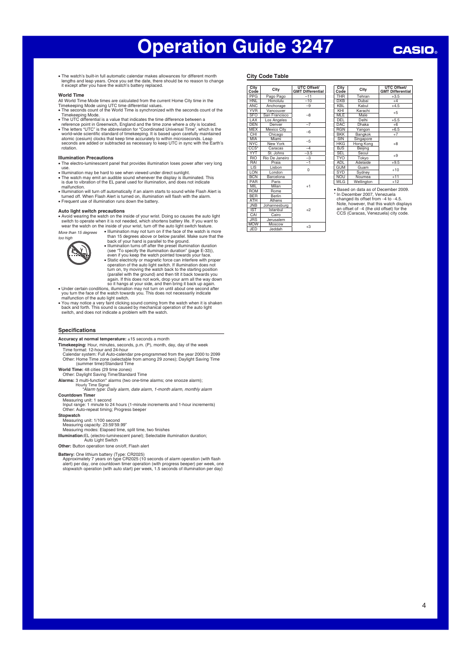 Specifications, City code table, Operation guide 3247 | G-Shock G-001HC-3 User Manual | Page 4 / 4