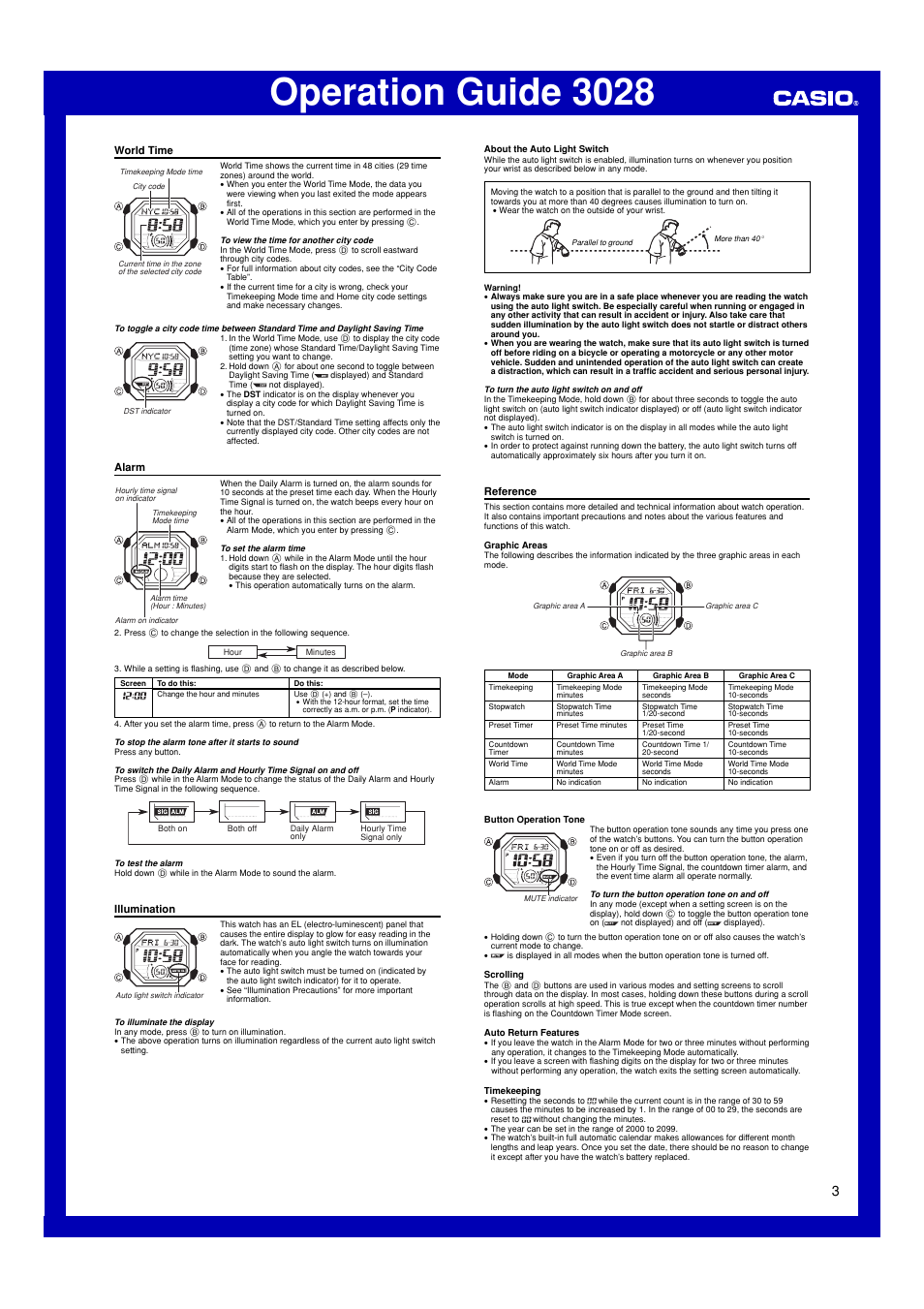 World time, Alarm, Illumination | Reference, Operation guide 3028 | G-Shock G-056RE-9 User Manual | Page 3 / 4