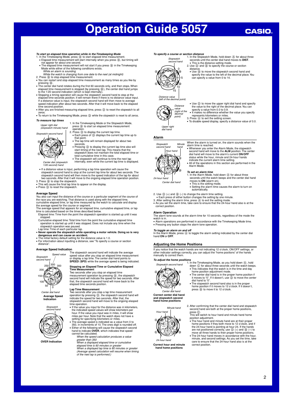 Alarm, Adjusting the home positions, Operation guide 5057 | G-Shock 5057 User Manual | Page 2 / 3