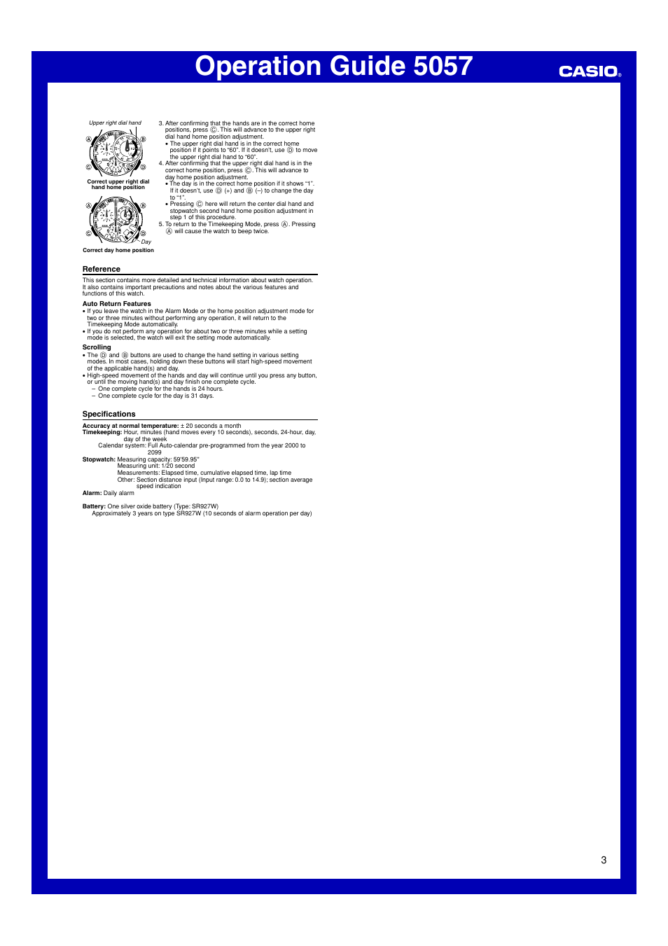 Reference, Specifications, Operation guide 5057 | G-Shock 5057 User Manual | Page 3 / 3