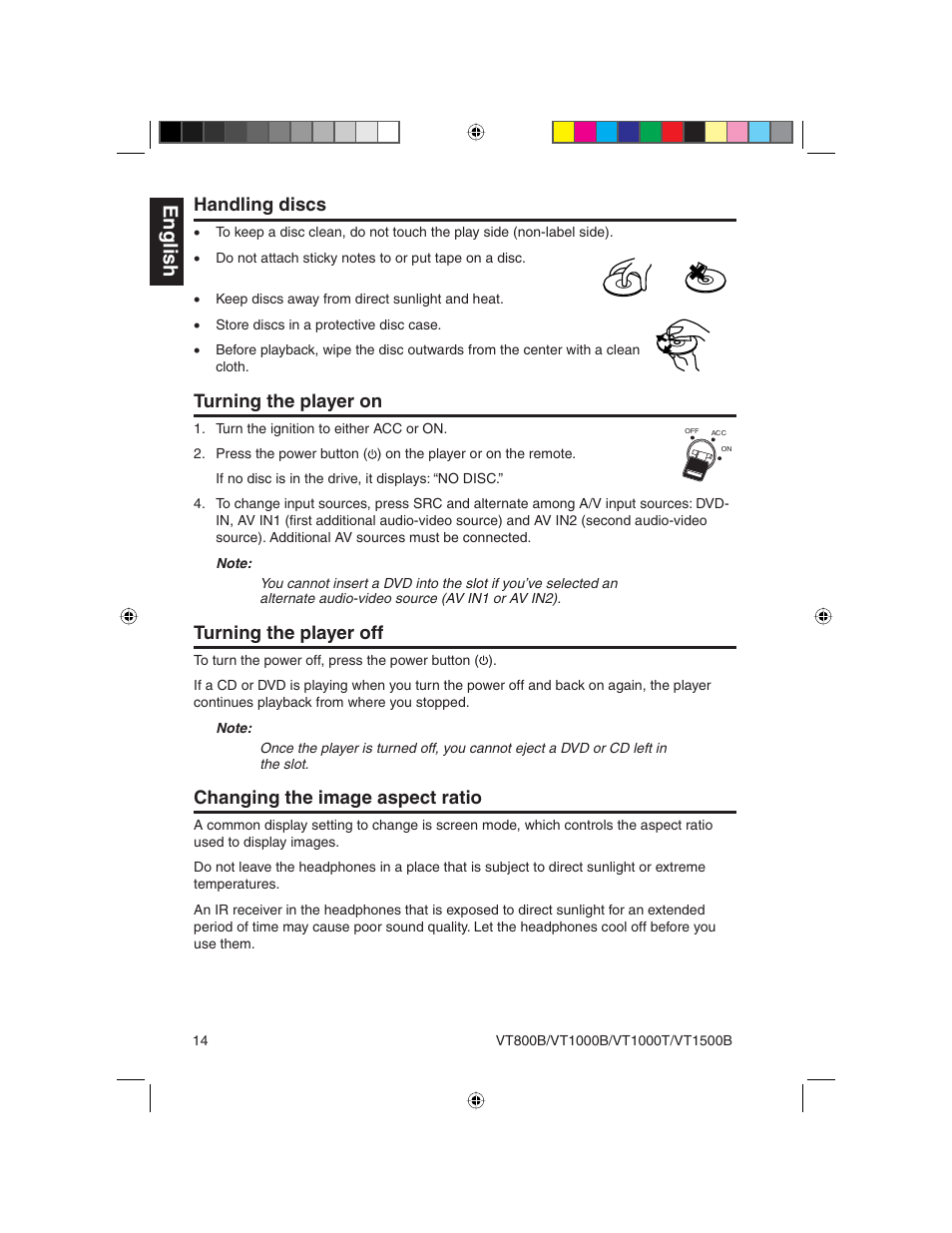 English, Handling discs, Turning the player on | Turning the player off, Changing the image aspect ratio | Clarion VT1000T User Manual | Page 14 / 39