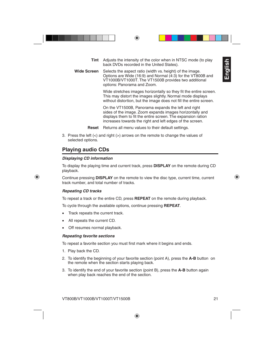 English, Playing audio cds | Clarion VT1000T User Manual | Page 21 / 39