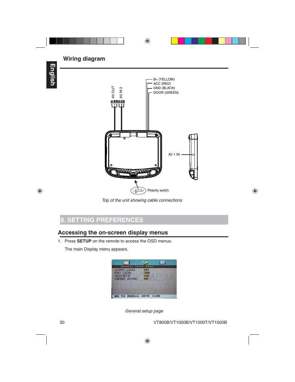 English, Setting preferences, Wiring diagram | Accessing the on-screen display menus | Clarion VT1000T User Manual | Page 30 / 39