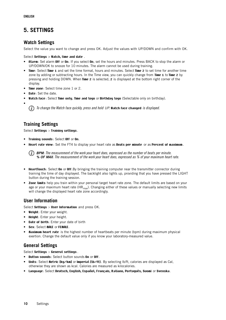 Settings, Watch settings, Training settings | User information, General settings | POLAR FT4 User Manual | Page 10 / 16