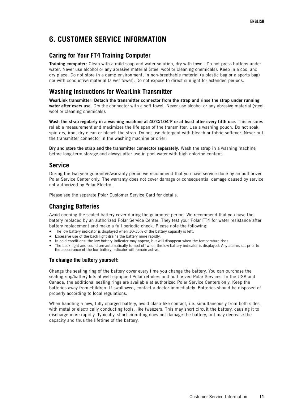 Customer service information, Caring for your ft4 training computer, Washing instructions for wearlink transmitter | Service, Changing batteries | POLAR FT4 User Manual | Page 11 / 16