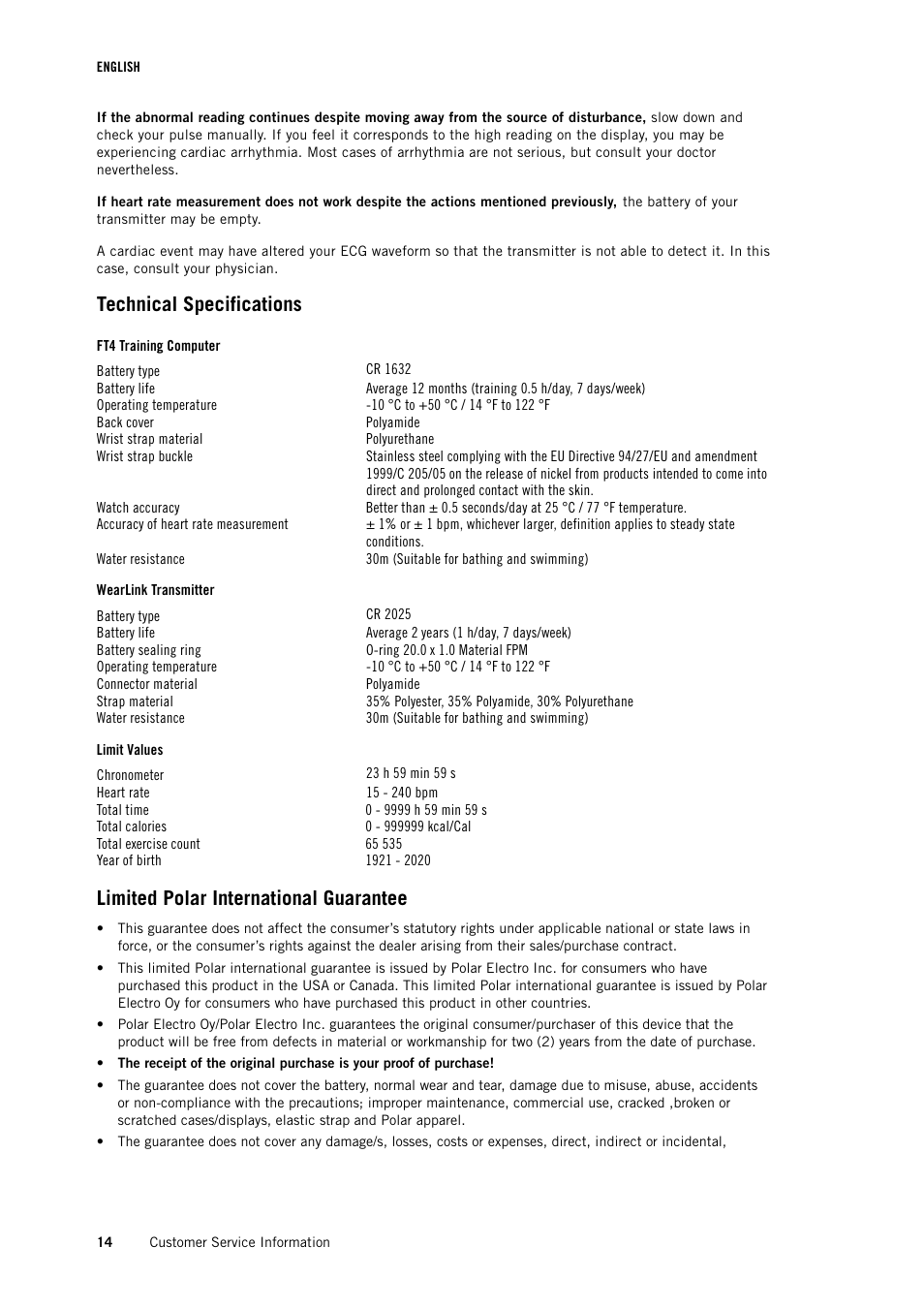 Technical specifications, Limited polar international guarantee | POLAR FT4 User Manual | Page 14 / 16