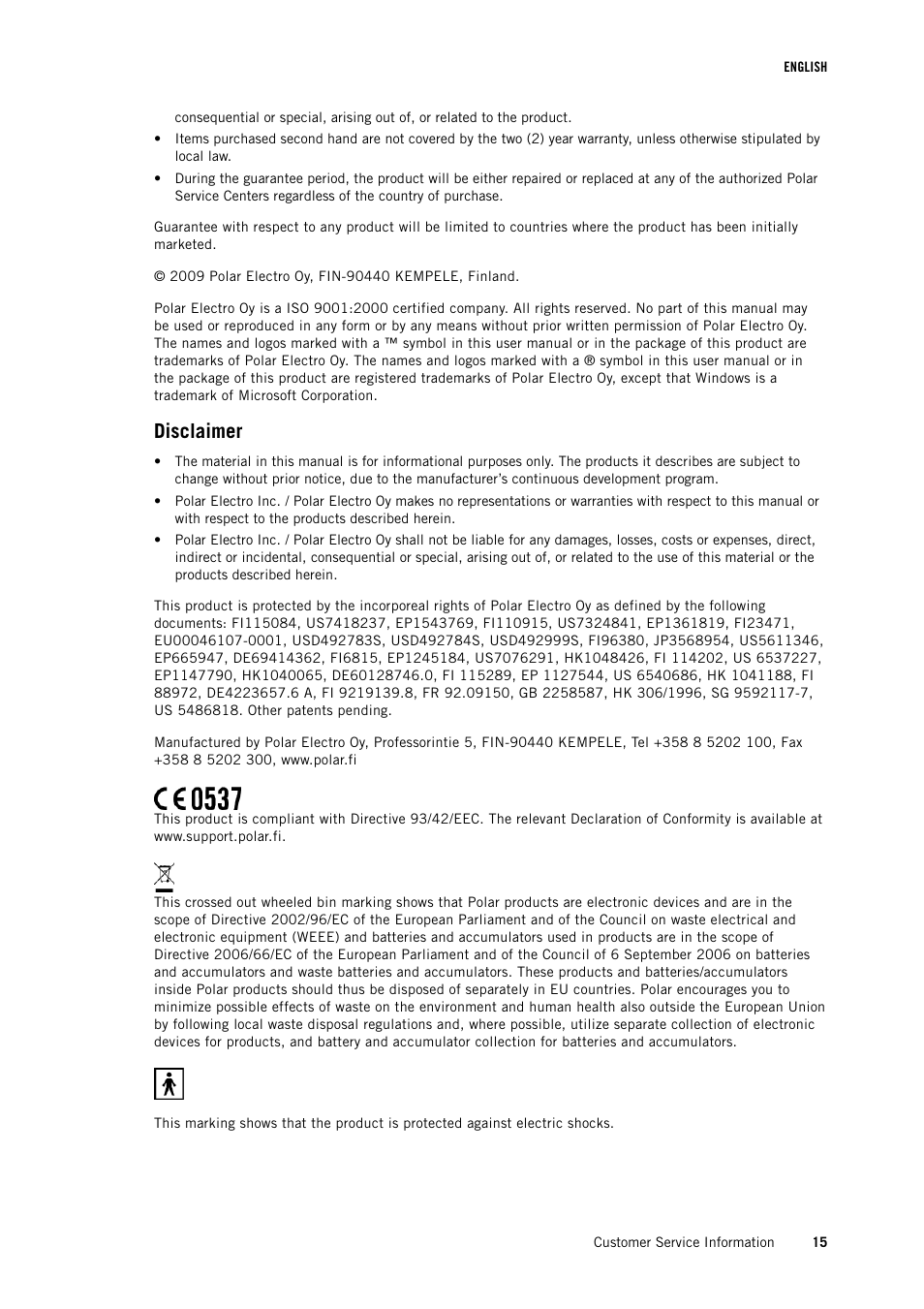 Disclaimer | POLAR FT4 User Manual | Page 15 / 16
