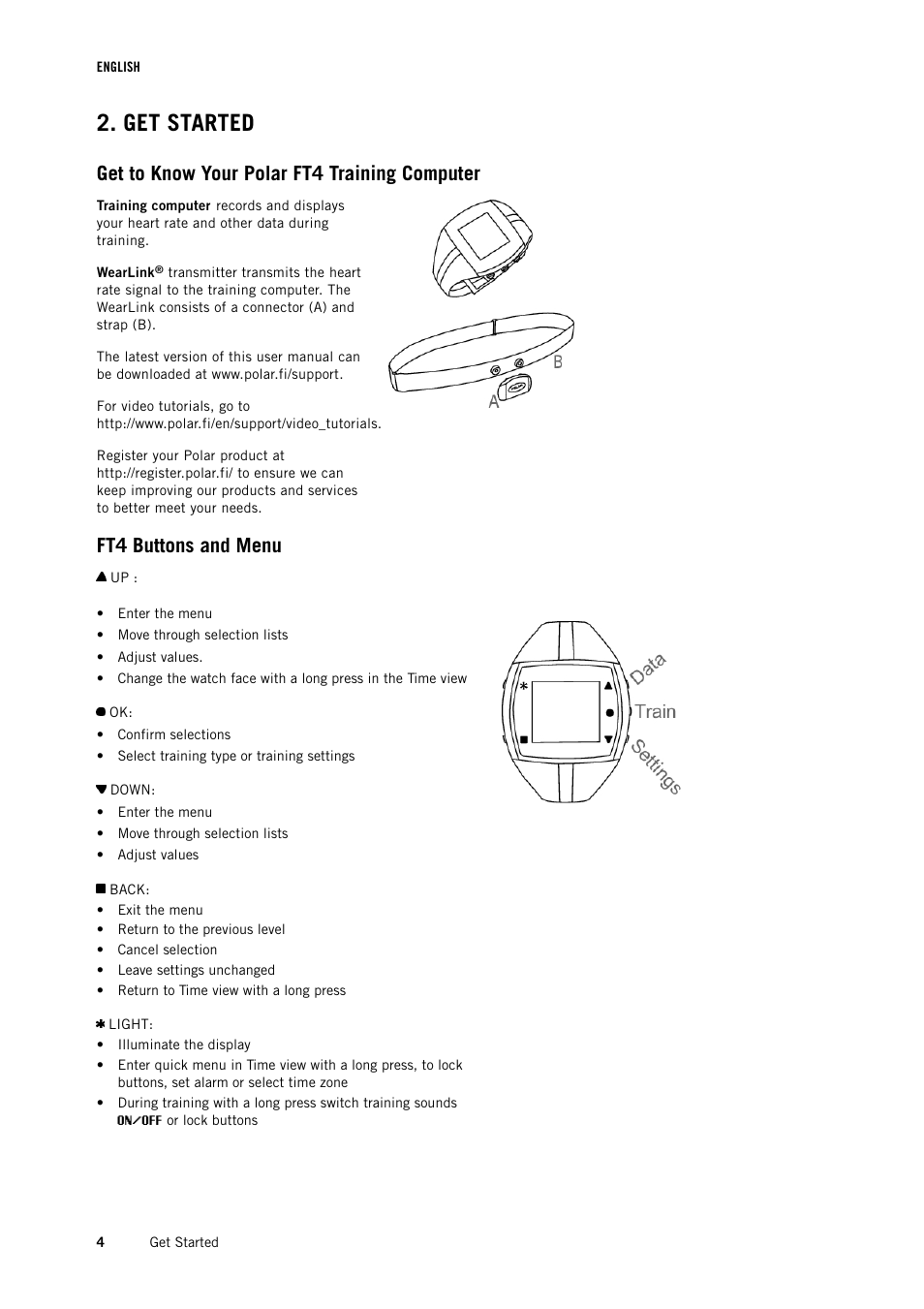 Get started, Get to know your polar ft4 training computer, Ft4 buttons and menu | POLAR FT4 User Manual | Page 4 / 16