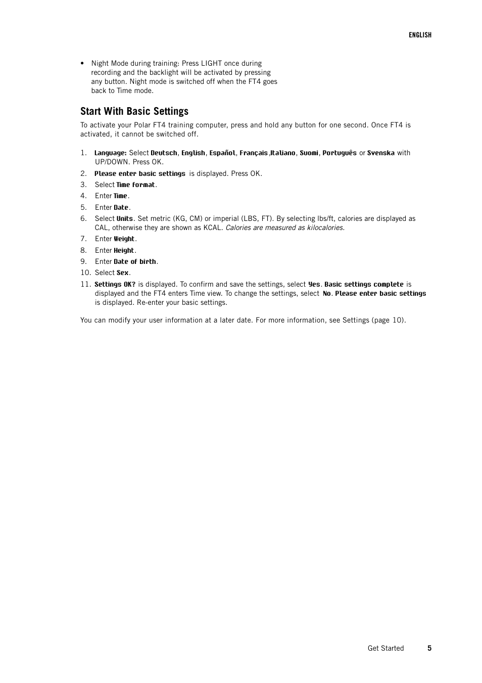 Start with basic settings | POLAR FT4 User Manual | Page 5 / 16