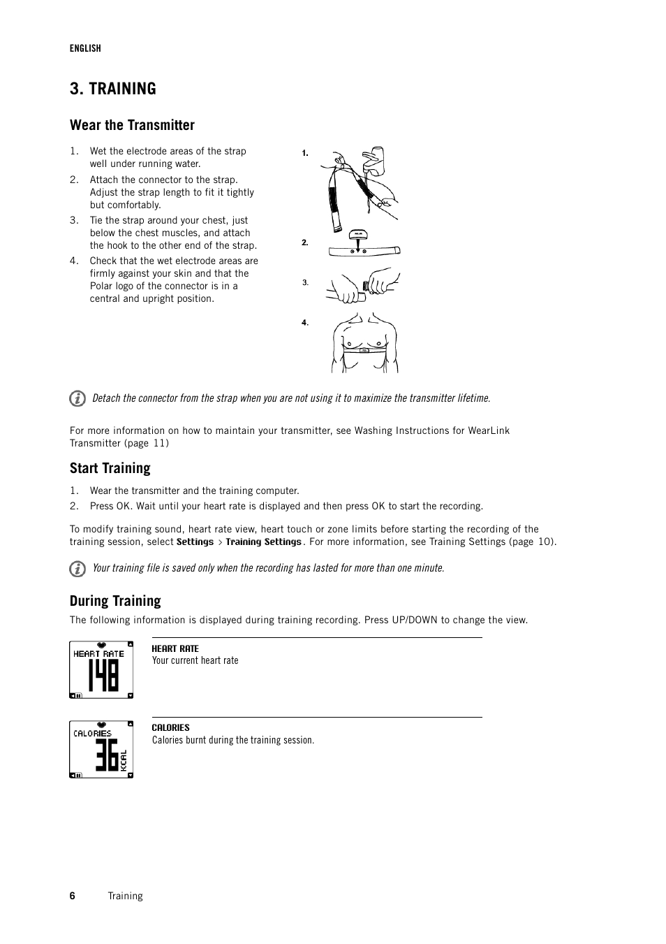 Training, Wear the transmitter, Start training | During training | POLAR FT4 User Manual | Page 6 / 16