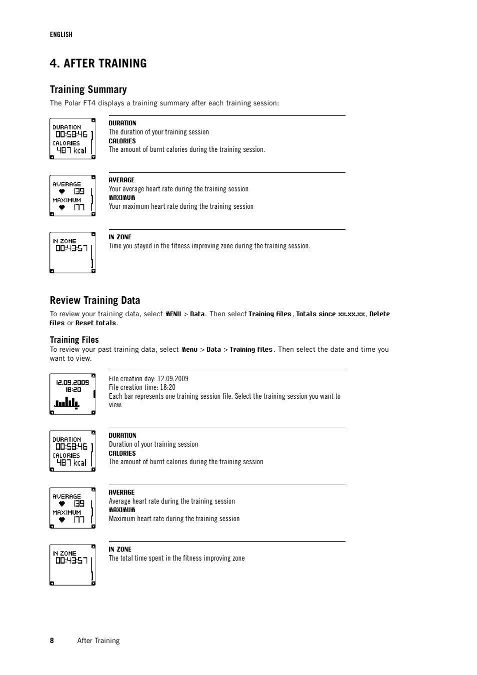 After training, Training summary, Review training data | Training files | POLAR FT4 User Manual | Page 8 / 16