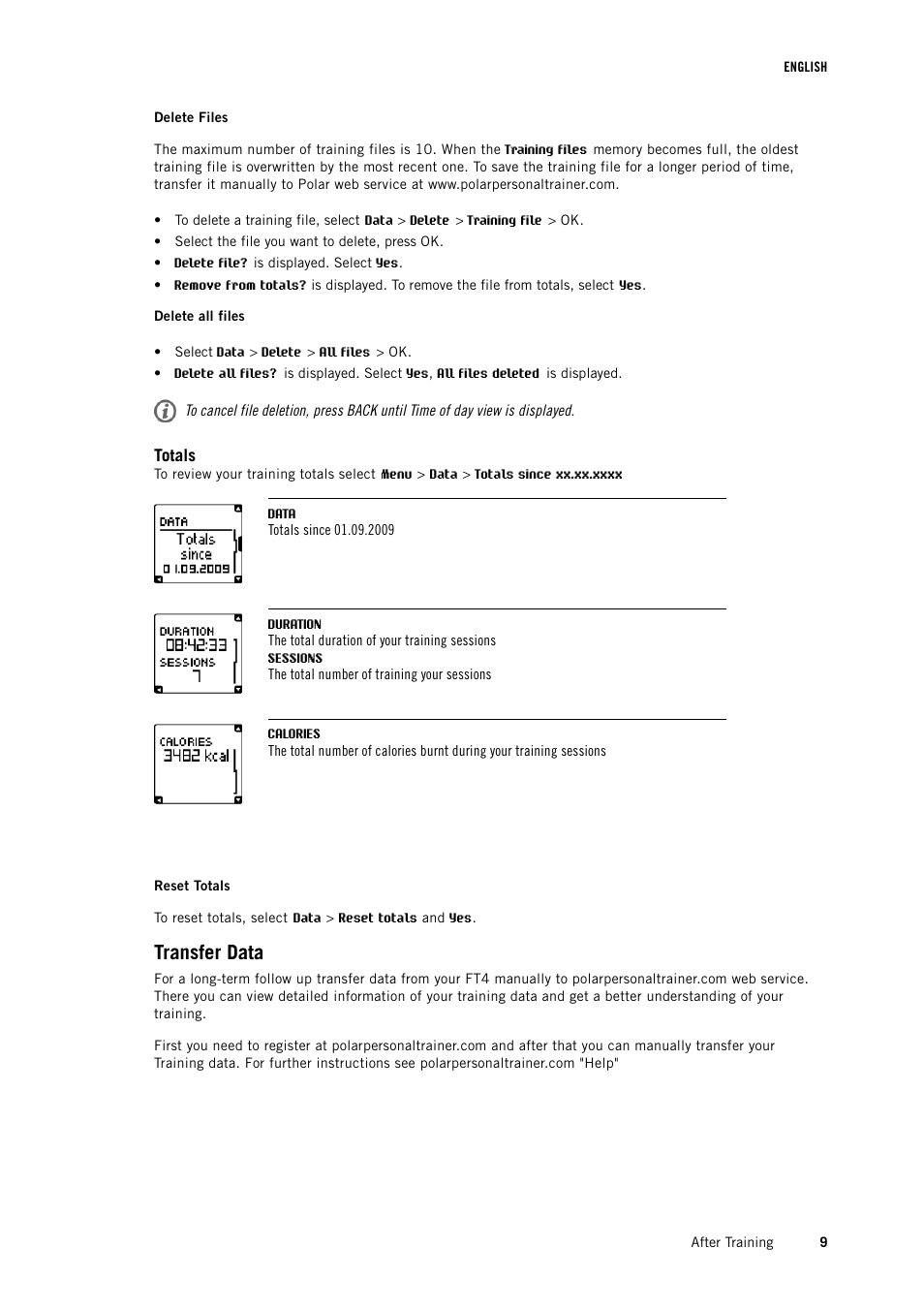 Totals, Transfer data | POLAR FT4 User Manual | Page 9 / 16