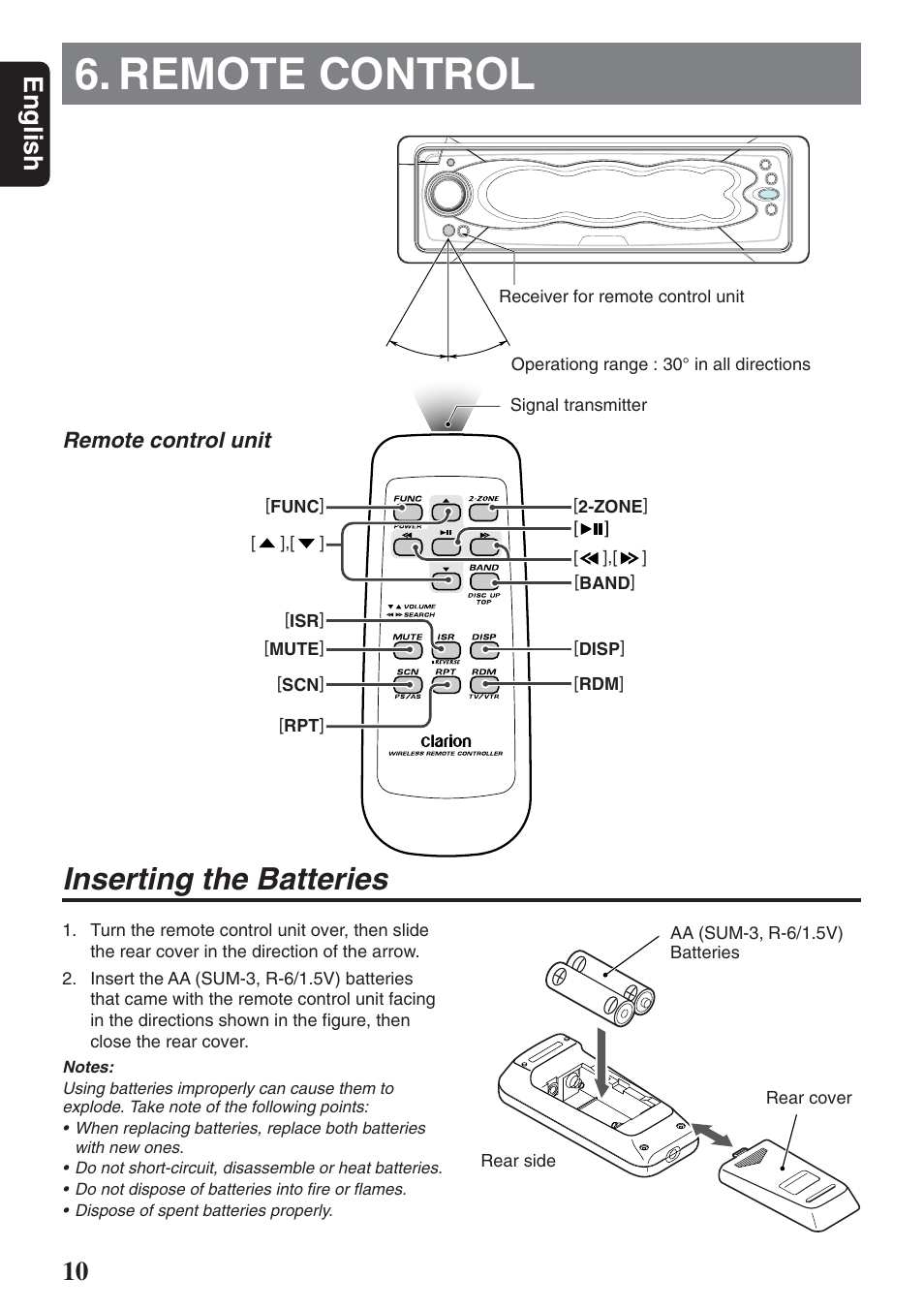 Remote control, Inserting the batteries, English | Clarion DXZ946MP User Manual | Page 10 / 59