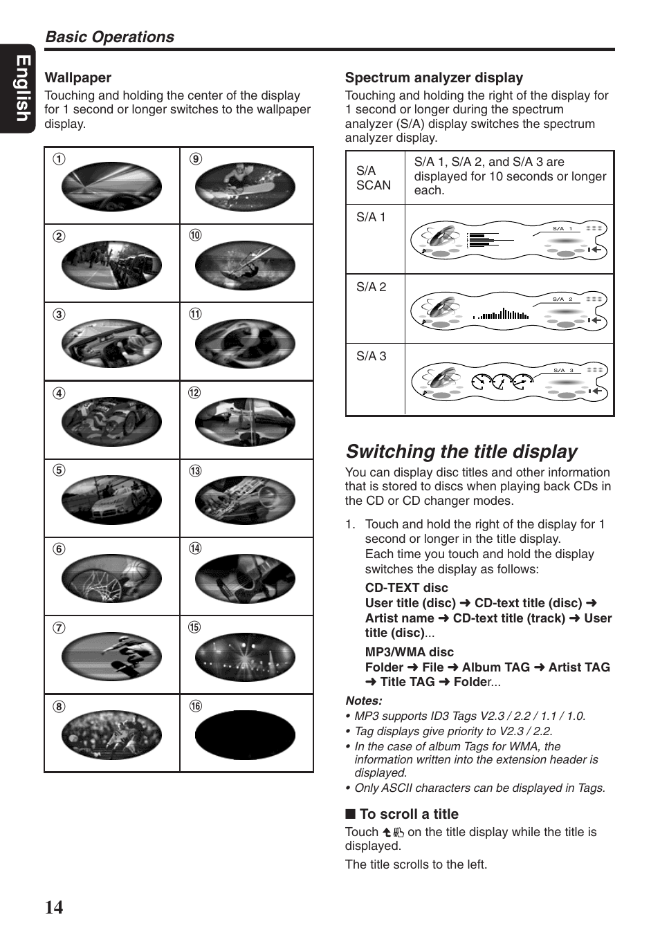 English, Switching the title display, Basic operations | Wallpaper, Spectrum analyzer display | Clarion DXZ946MP User Manual | Page 14 / 59