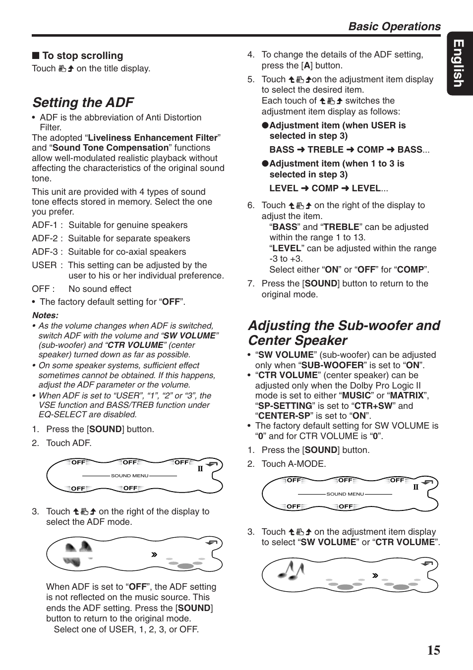 15 english, Setting the adf, Adjusting the sub-woofer and center speaker | Basic operations | Clarion DXZ946MP User Manual | Page 15 / 59