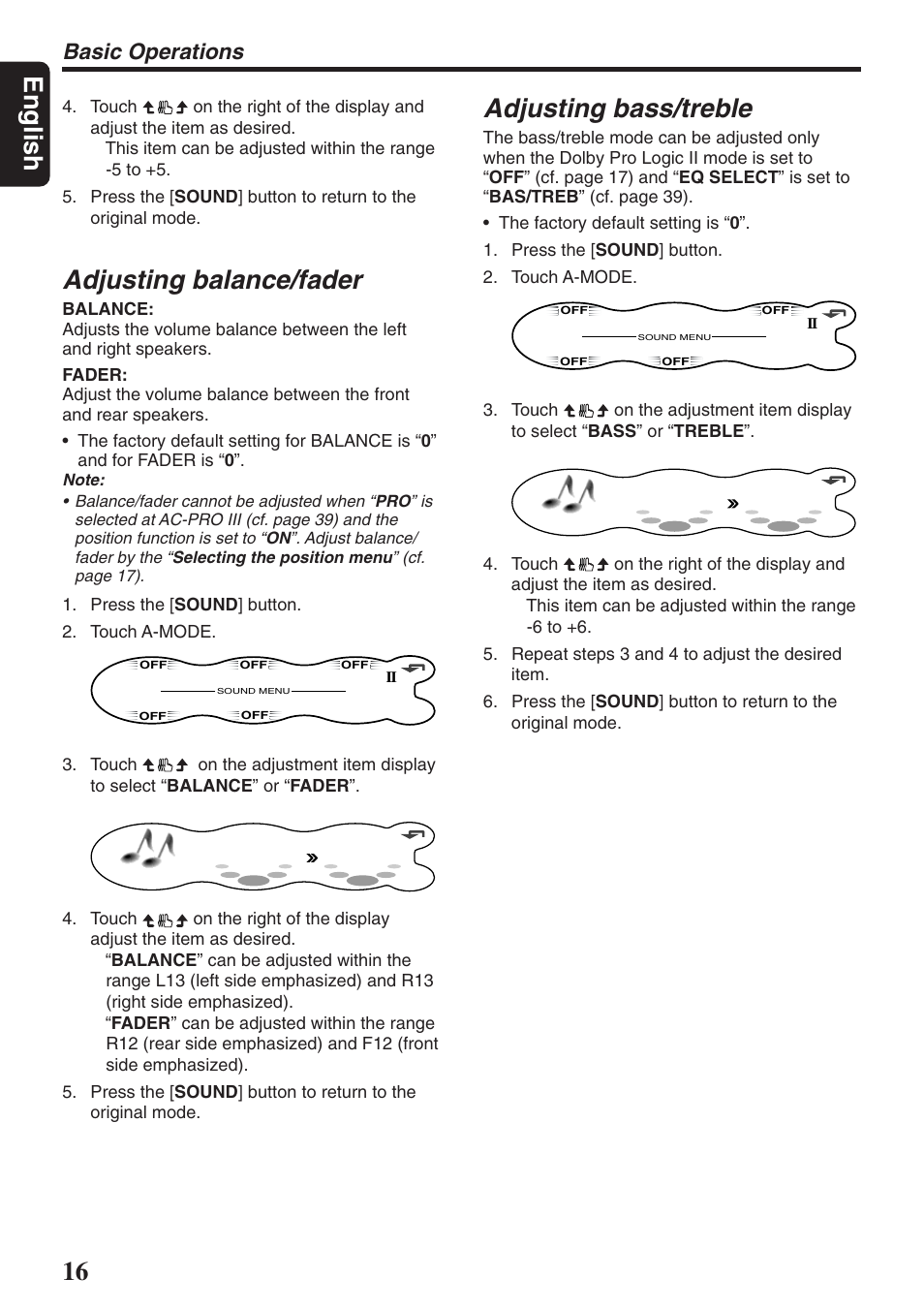 English, Adjusting balance/fader, Adjusting bass/treble | Basic operations | Clarion DXZ946MP User Manual | Page 16 / 59