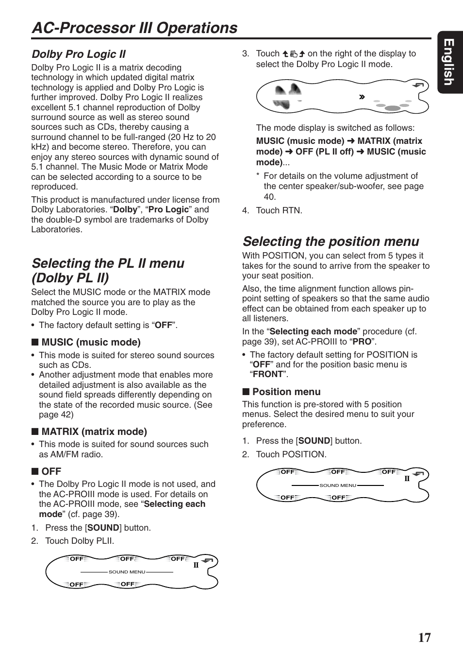 Ac-processor iii operations, 17 english, Selecting the pl ii menu (dolby pl ii) | Selecting the position menu, Dolby pro logic ii, Music (music mode), Matrix (matrix mode), Position menu | Clarion DXZ946MP User Manual | Page 17 / 59