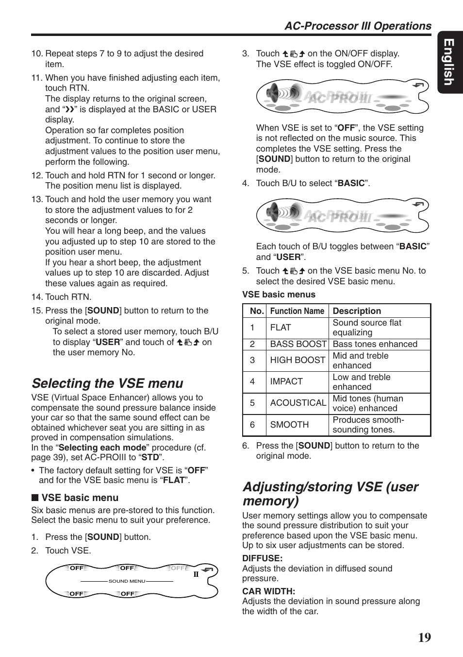 19 english, Selecting the vse menu, Ac-processor iii operations | Vse basic menu | Clarion DXZ946MP User Manual | Page 19 / 59