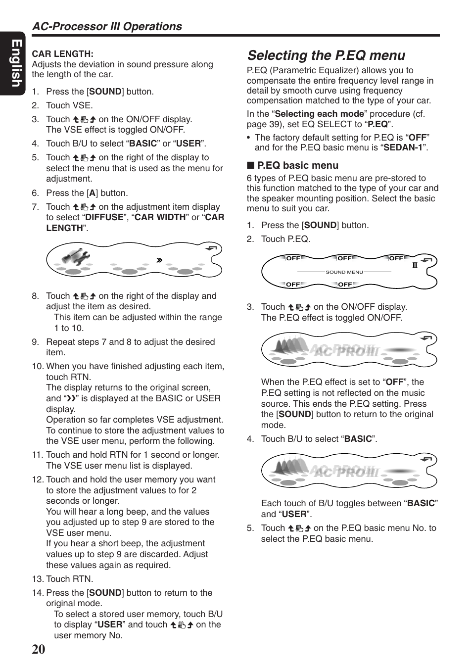 English, Selecting the p.eq menu, Ac-processor iii operations | P.eq basic menu | Clarion DXZ946MP User Manual | Page 20 / 59