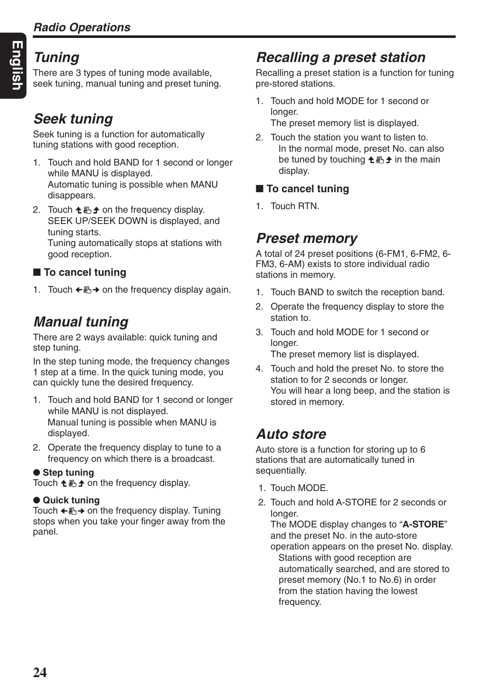 English tuning, Seek tuning, Manual tuning | Recalling a preset station, Auto store, Radio operations | Clarion DXZ946MP User Manual | Page 24 / 59