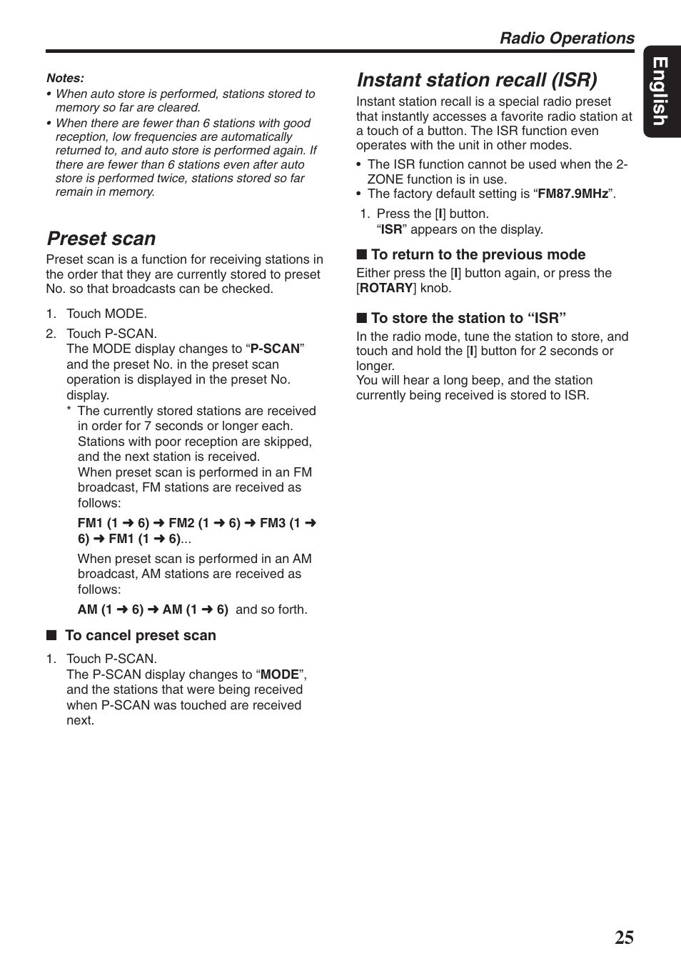 25 english, Preset scan, Instant station recall (isr) | Radio operations | Clarion DXZ946MP User Manual | Page 25 / 59