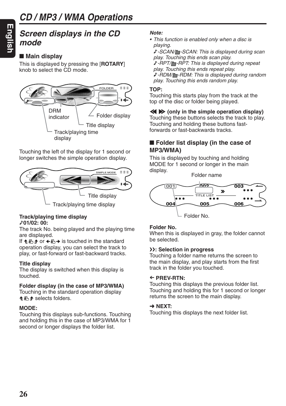 Cd / mp3 / wma operations, English, Screen displays in the cd mode | Main display, Folder list display (in the case of mp3/wma) | Clarion DXZ946MP User Manual | Page 26 / 59