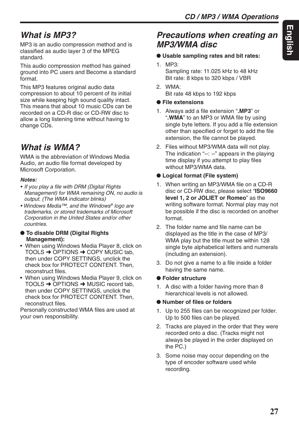 27 english, What is mp3, What is wma | Precautions when creating an mp3/wma disc, Cd / mp3 / wma operations | Clarion DXZ946MP User Manual | Page 27 / 59