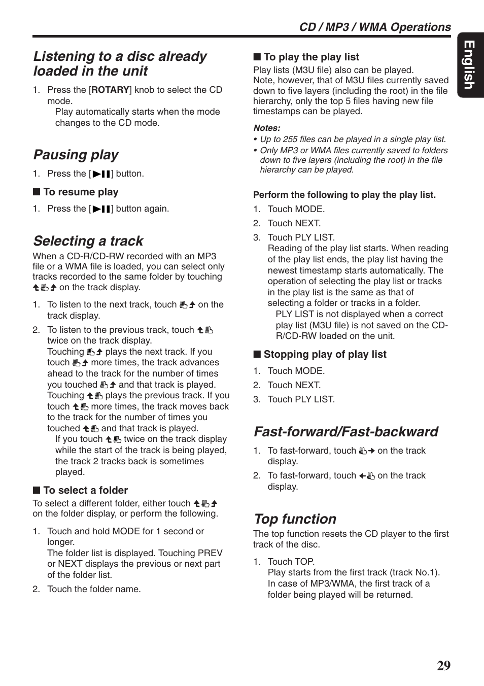 29 english, Listening to a disc already loaded in the unit, Pausing play | Selecting a track, Fast-forward/fast-backward, Top function, Cd / mp3 / wma operations | Clarion DXZ946MP User Manual | Page 29 / 59