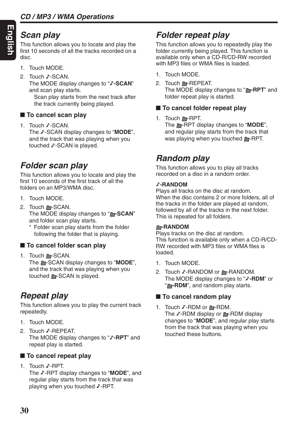 English scan play, Folder scan play, Repeat play | Folder repeat play, Random play, Cd / mp3 / wma operations | Clarion DXZ946MP User Manual | Page 30 / 59