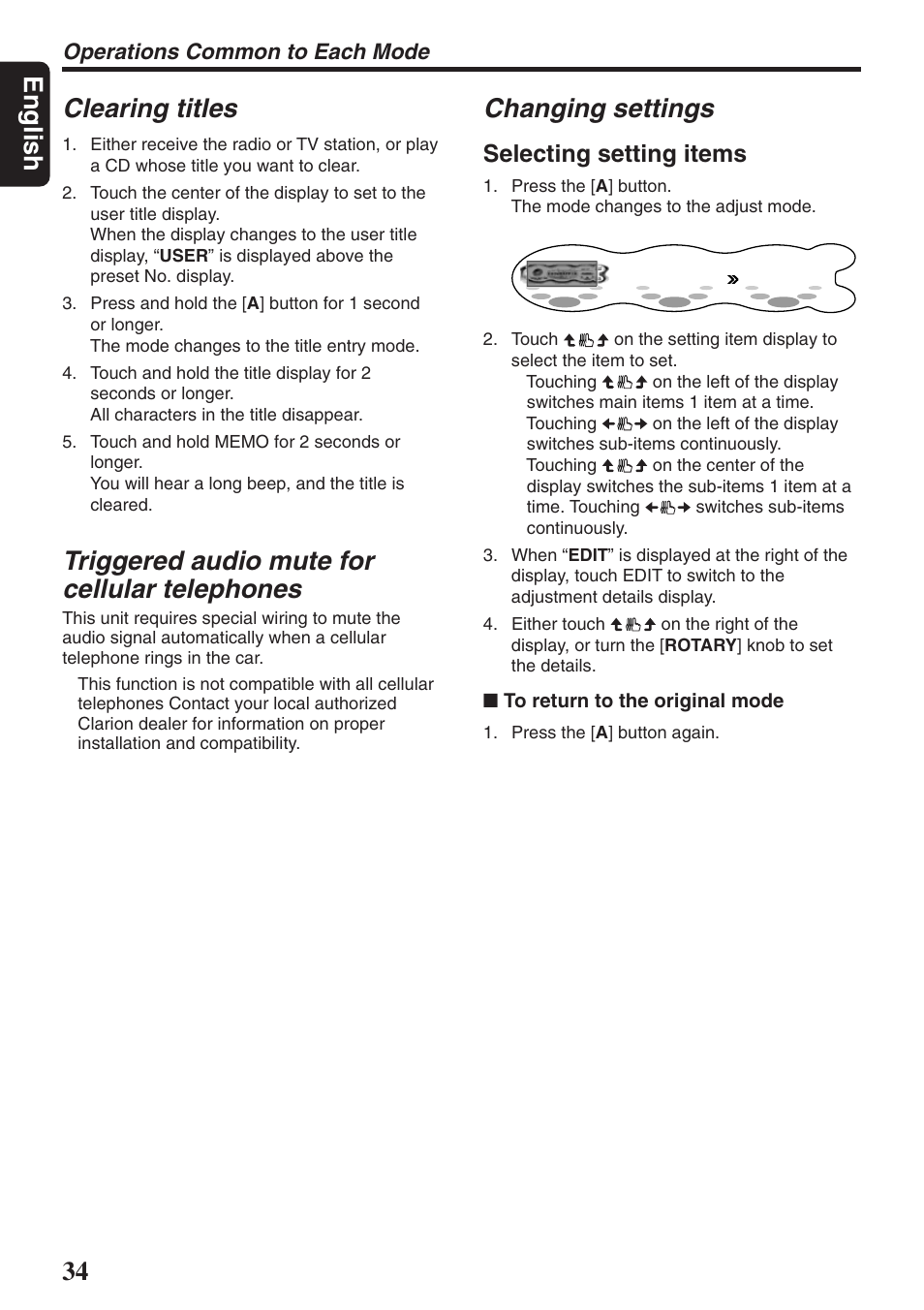 English clearing titles, Triggered audio mute for cellular telephones, Changing settings | Selecting setting items, Operations common to each mode | Clarion DXZ946MP User Manual | Page 34 / 59