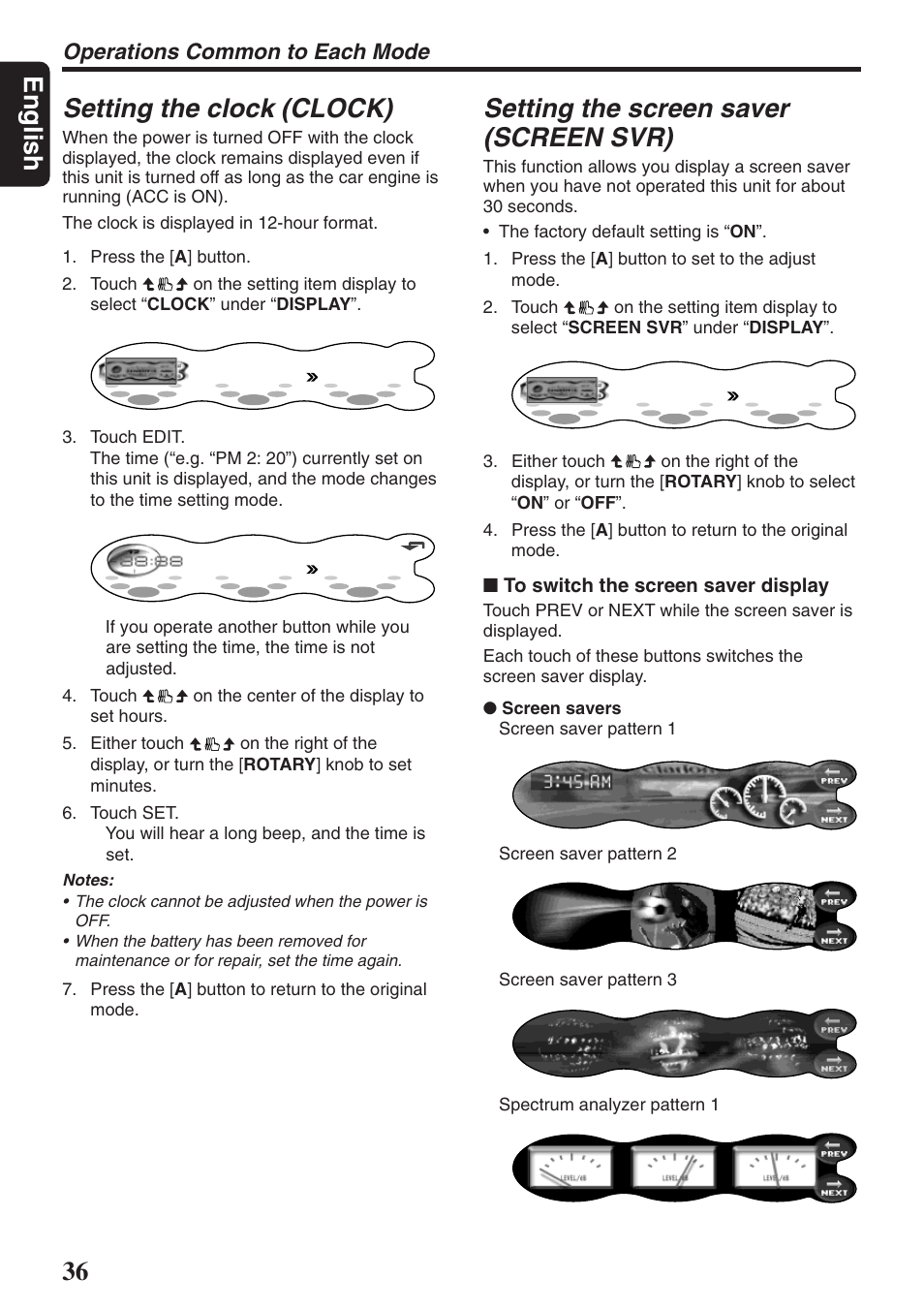 English, Setting the clock (clock), Setting the screen saver (screen svr) | Operations common to each mode | Clarion DXZ946MP User Manual | Page 36 / 59